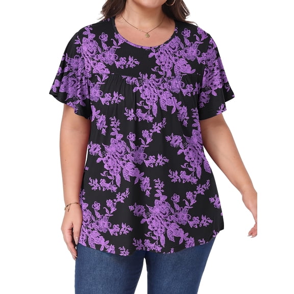 OutfitShow Plus Size Womens Tops Crew Neck Casual Tunic Short Sleeve Shirts Floral Blouses Loose Summer Tops