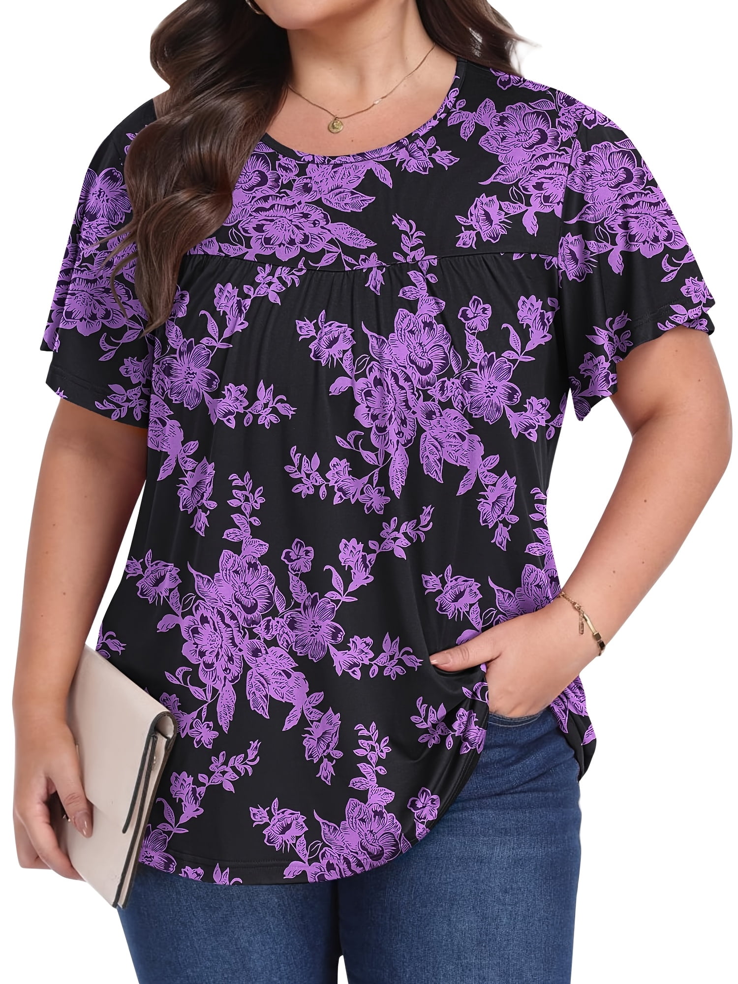 OutfitShow Plus Size Womens Floral Tunic Tops Casual Crewneck Short ...