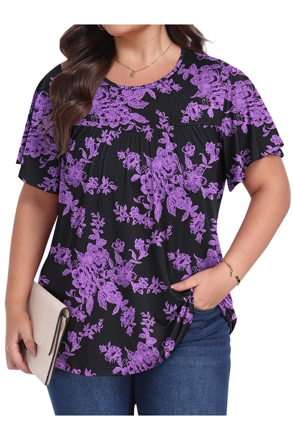 Plus Size Womens Floral Tunic Tops Casual Crewneck Short Sleeve Blouses for Summer