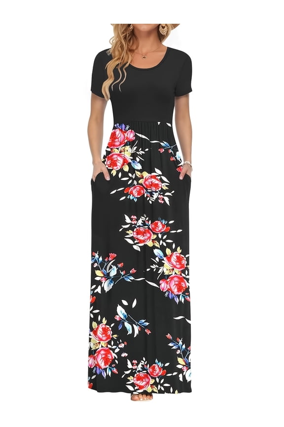 Women Summer Dress Short Sleeve Casual Long Dress Loose Maxi Dresses with Pockets