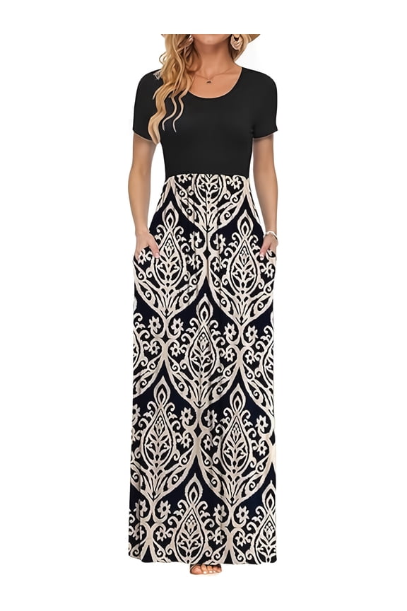 Women Summer Dress Short Sleeve Casual Long Dress Loose Maxi Dresses with Pockets