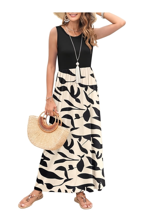 Women Summer Dress Sleeveless Loose Casual Long Maxi Dresses with Pockets