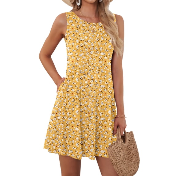 OutfitShow Summer Dresses for Women Casual Sleeveless Sundresses Floral Beach Short Dress with Pockets