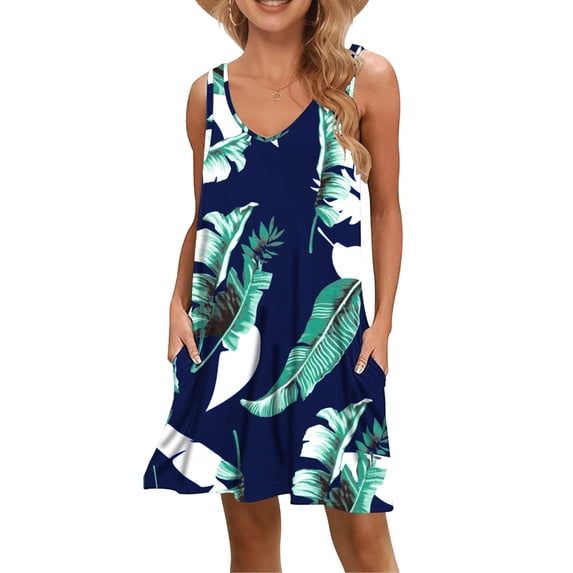OutfitShow Women Summer Casual V-Neck Tank Dress Beach Cover Up with Side Pockets