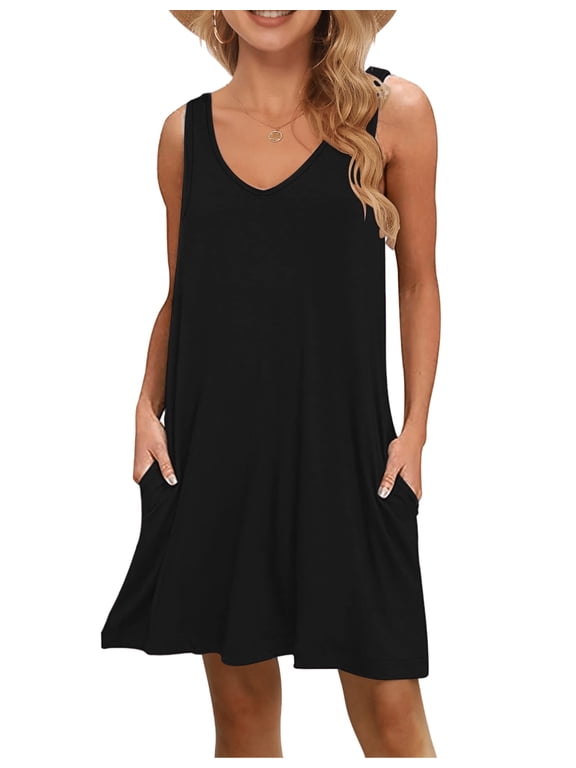 Women Summer Casual V-Neck Tank Dress Beach Cover Up with Side Pockets