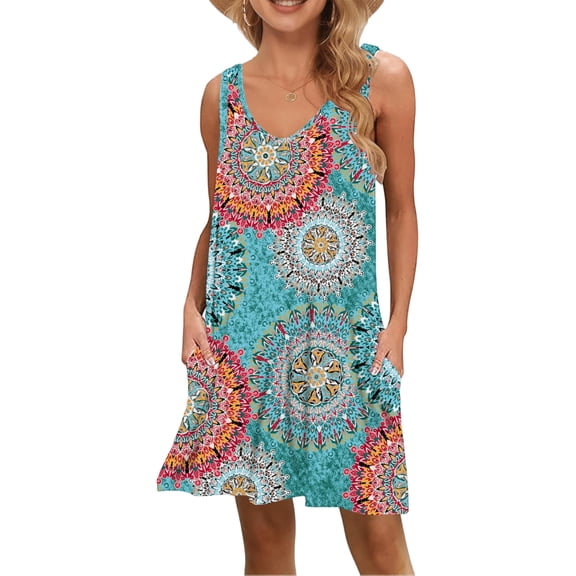 OutfitShow Women Summer Casual V-Neck Tank Dress Beach Cover Up with Side Pockets