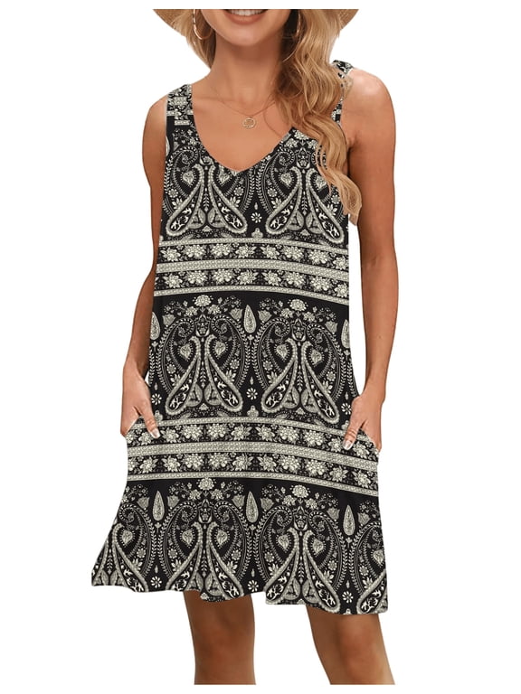 Women Summer Casual V-Neck Tank Dress Beach Cover Up with Side Pockets
