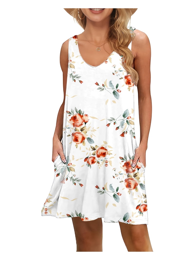tank dress beach cover up OutfitShow Women Summer Casual V-Neck with Side Pockets Color:White with Light Blue Ribbons