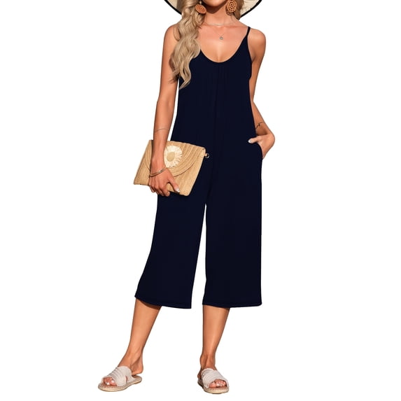 OutfitShow Women Summer Sleeveless Spaghetti Strap Wide Leg Romper Jumpsuit with Pockets Casual Loose Fit