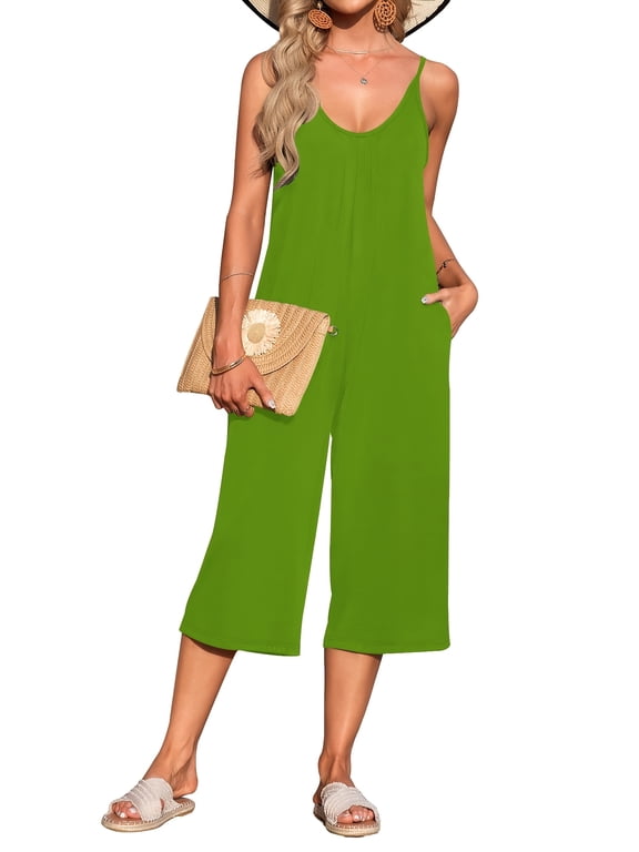 Women Summer Sleeveless Spaghetti Strap Wide Leg Romper Jumpsuit with Pockets Casual Loose Fit