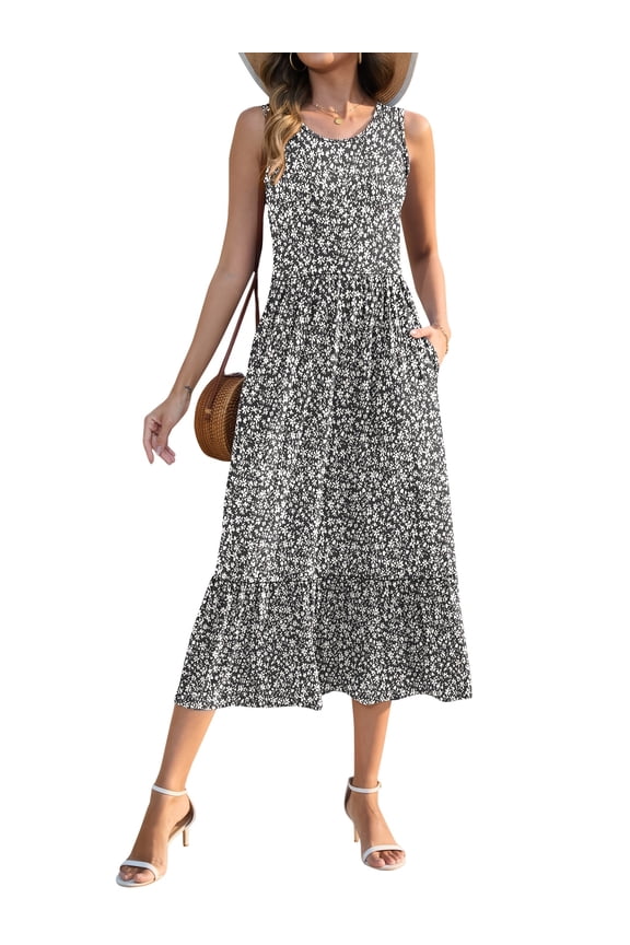 Womens Summer Dresses Sleeveless Crewneck Casual Flowy Tiered Maxi Dress with Pockets