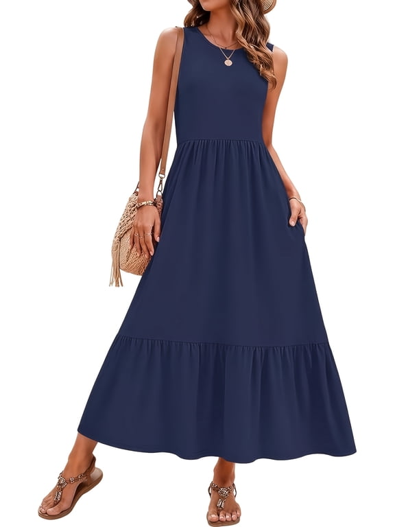 Summer Maxi Dresses for Women Sleeveless Casual Flowy Tiered Dress Vacation Beach Sundresses with Pockets