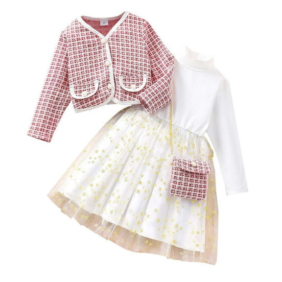 Girls Clothes Girls Dress Outfits Sets 3 Piece, Long Sleeve Plaid Cardigan High Neck Stars Mesh Layered Dress & Crossbody Bag, 2-7T (3 Years, Red)