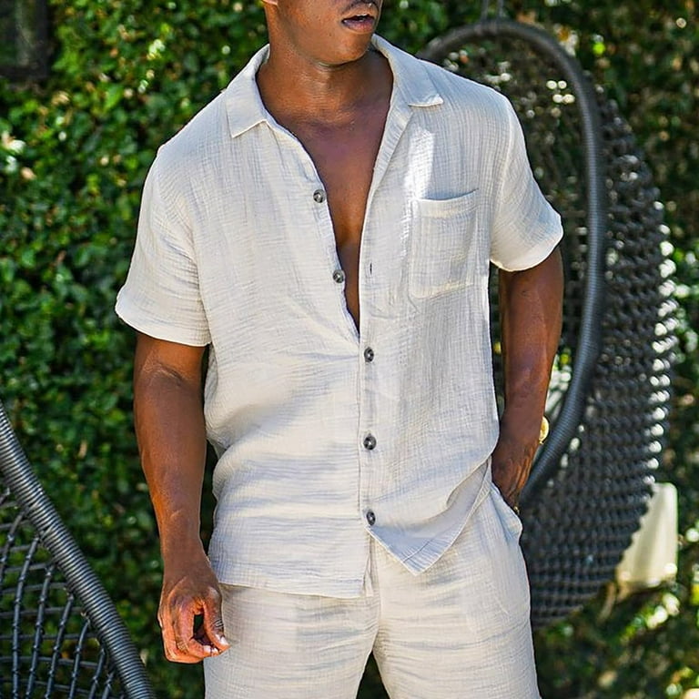 Outfits For Men 2 Piece Linen Set Short Sleeve Turn Down Collar Shirts With Pocket And Shorts Summer Beach Pants Pure Color Set White