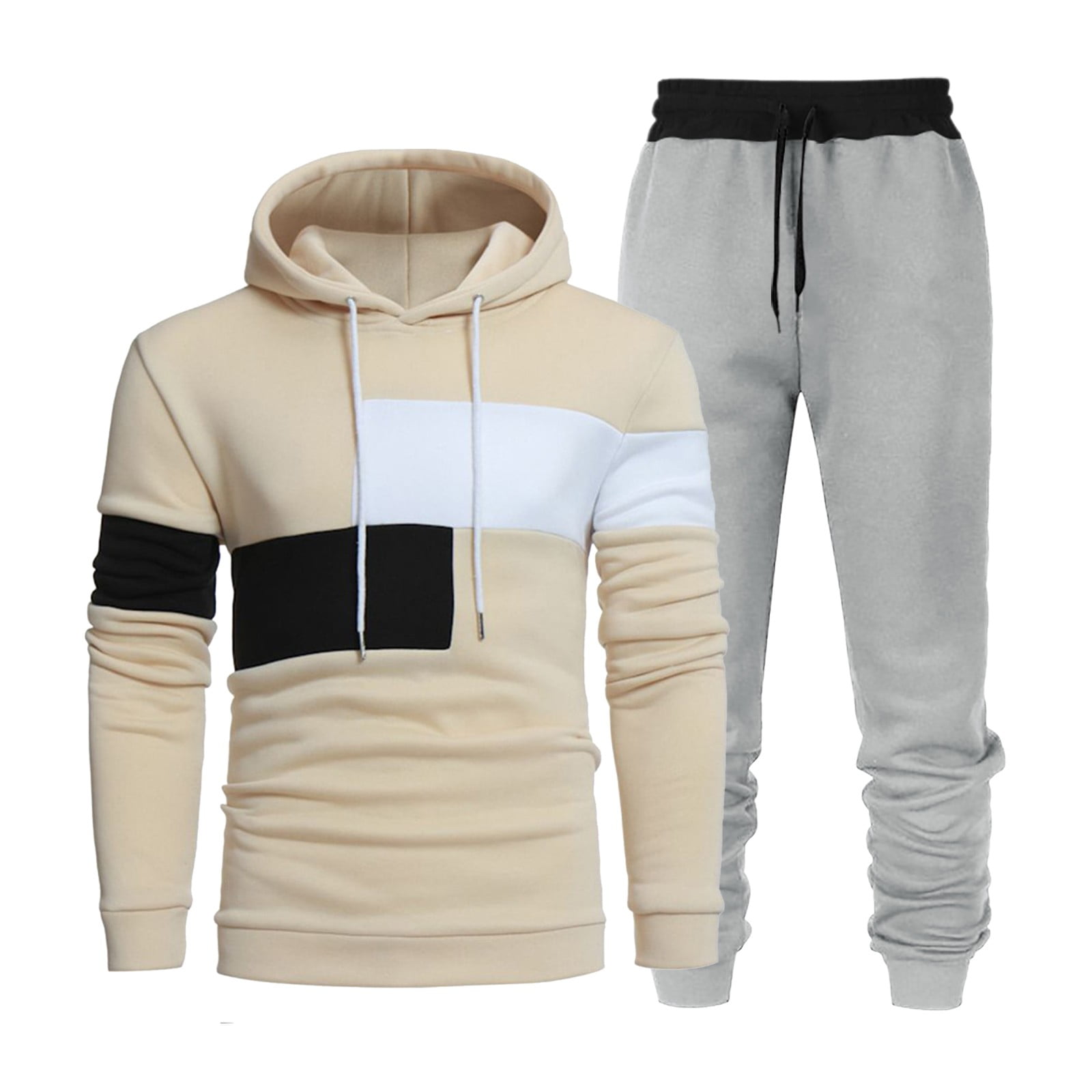 Outfits For Men Velvet Patchwork Hooded Sweatshirt Light Gray Sweat