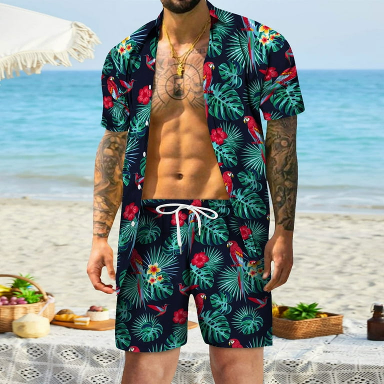 Outfits For Mens Spring Summer Casual Beach Casual Buttoned Short Sleeve Shirt Printed Shorts Set Black