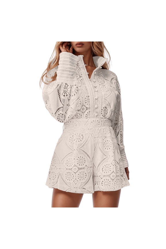 Outfits For Women 2 Piece Sets Women's Summer Casual Suit Solid Color Lace Trim Shorts with Long Sleeve Top Matching Set