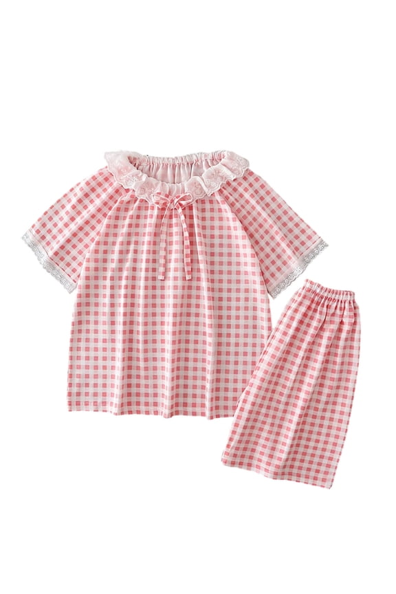 Outfits for Girls Girls Summer Pajama Set Plaid Crew Neck Short Sleeve Cloud Style Top with Shorts Cute Two Piece Comfy Sleepwear Pink 3 Years-4 Years