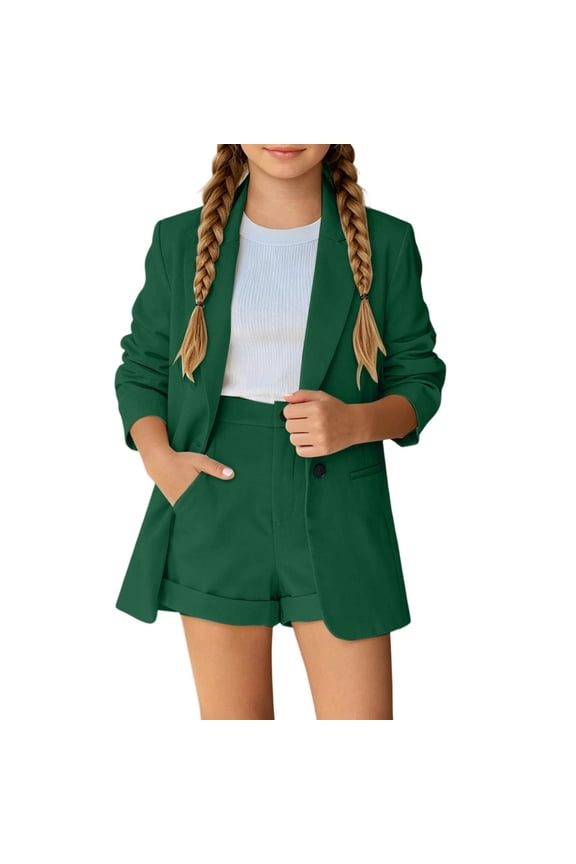 Outfits Set Outfit Set Girls Button Front Blazer Match Short Pants Formal Two Piece Set Neat Tailored Design Event Wear Kids Party Gathering Formal Outfit Green 3T-4T