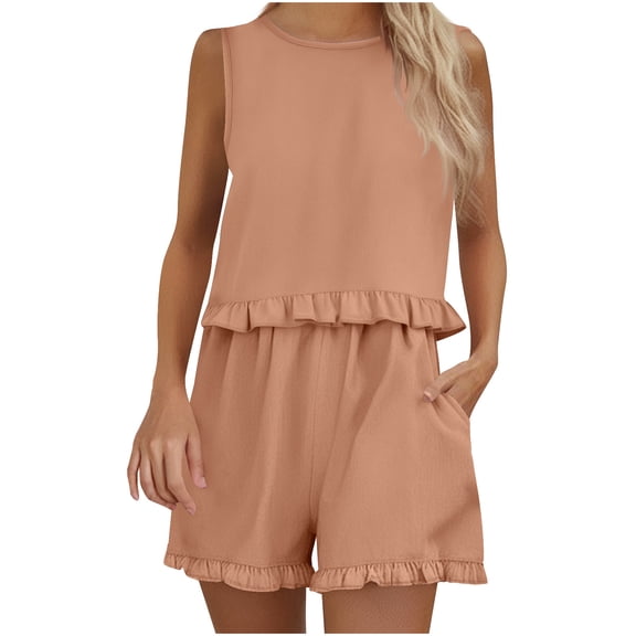 Outfits Set for Women Women Two Piece Set Fall Women's Solid Color Sleeveless Pleated Shorts Casual Suit Sleeveless Round Neck Top shirt Suit my items ordered by me recently