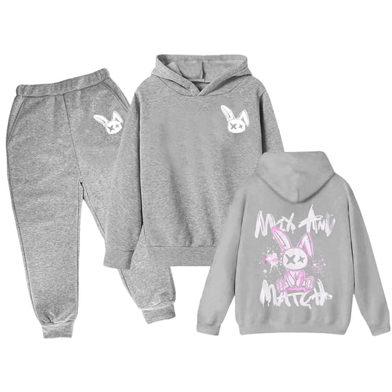 Outfits Sets for Little Girls Medium And Large Long Sleeve Cartoon Rabbit Print Hoodie Top Hoodie Pants Set Fall Winter Clothes 11-12 Years