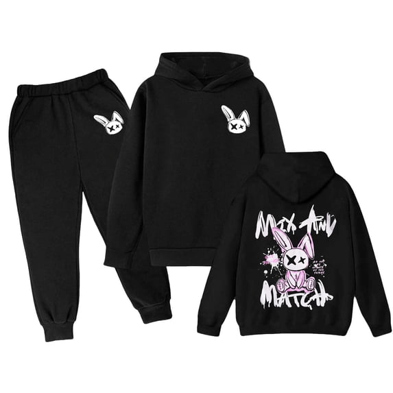 Outfits Sets for Little Girls Medium And Large Long Sleeve Cartoon Rabbit Print Hoodie Top Hoodie Pants Set Fall Winter Clothes 3-4 Years