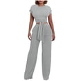 thumbnail image 1 of Outfits Sets for Women Elastic Waist Fashion Solid Color Round Neck Short Sleeve Tops with Pocket Pants Set, 1 of 5