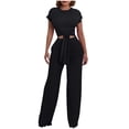 thumbnail image 1 of Outfits Sets for Women Elastic Waist Fashion Solid Color Round Neck Short Sleeve Tops with Pocket Pants Set, 1 of 4
