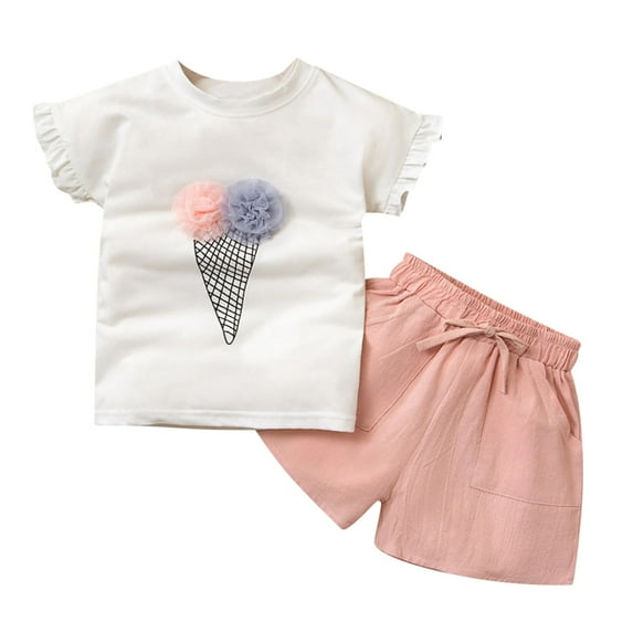 Outfits Trim + Shorts Set Ruffle Baby Patched Mesh Kids Tee Sleeve 2PCS Toddler Clothes Short Girls T-shirt Girls Outfits&Set, Size 1 Years-6 Years