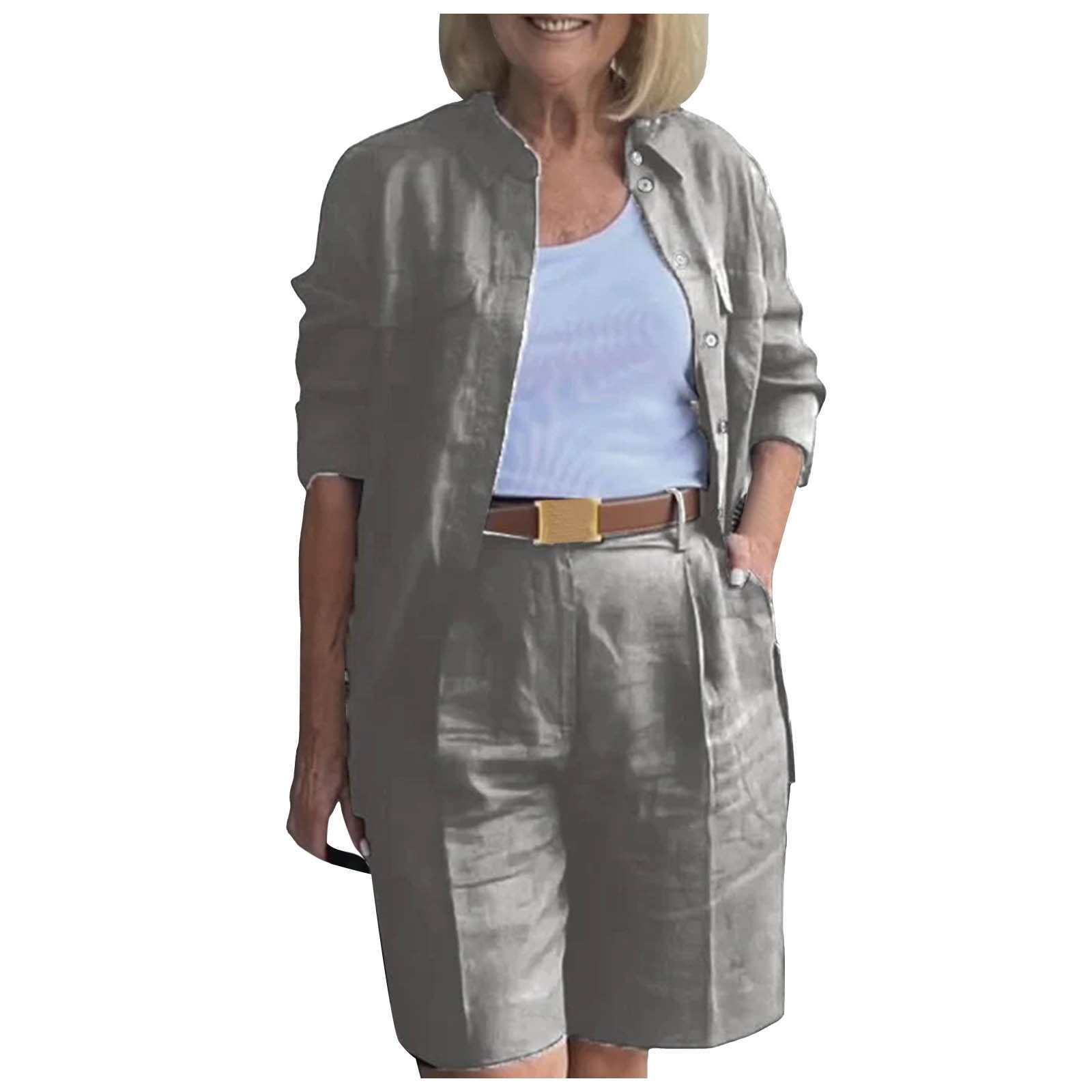Womens Plus Size Cotton Linen 2 Piece Outfits Long Sleeve V Neck Blouse Belted Knee Length Shorts Comfy Lounge Sets Walmart