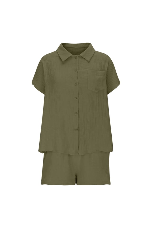 Womens Outfits 2 Piece Sets Linen Short Sleeve Button Down Blouse and Sets Two Piece Outfits Matching Drawstring Elastic Waist Summer and Set New Shorts s
