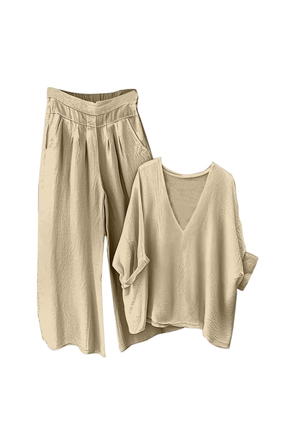 Outfits for Women 2 Piece Sets Elegant New Women's 2 Piece Outfits Matching Sets Loose V Neck Tops Wide Leg Pants Lounge Sets Travel Outfits Khaki XXL