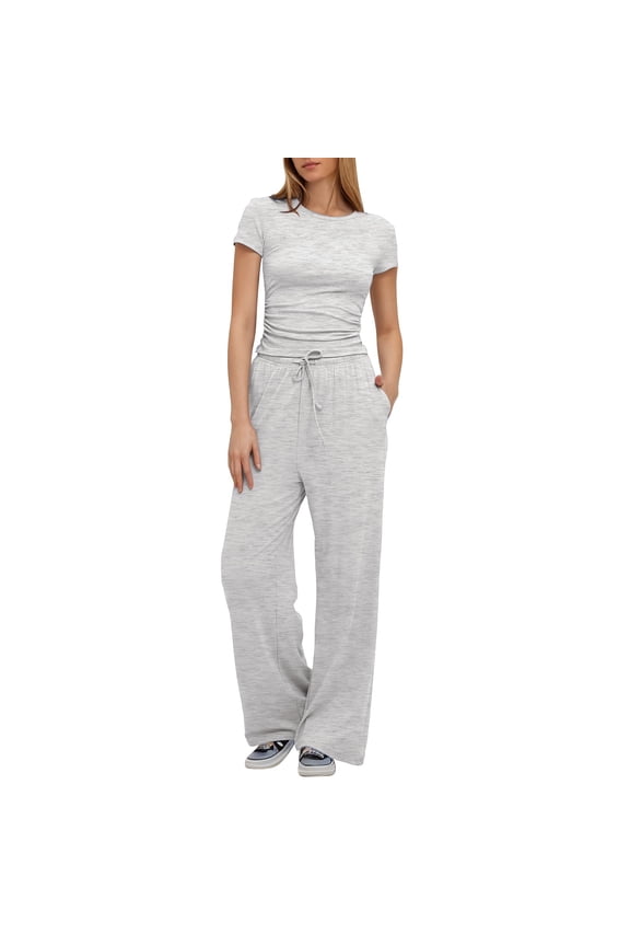 Outfits for Women 2 Piece Sets Women's 2 Outfits Sets Ruched Short Sleeve Tops and High Waisted Wide Leg Pants Tracksuit Sets Women 2 Piece Outfits Gy2 Xl