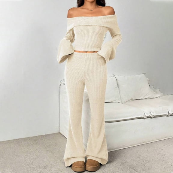 Outfits For Women 2 Piece Off Shoulder Long Sleeve Cropped Top Wide Leg Workout Gym Lounge Travel Matching Pants Sets Fashion Y2k Outfits 2025 Fashion