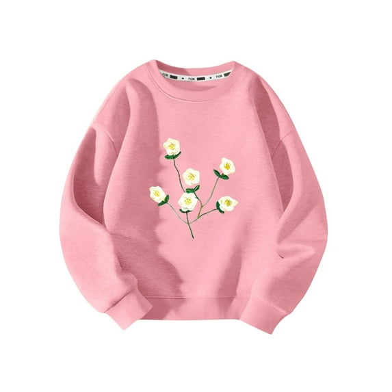 Outfits for Boys Girls, Sweatshirts for Girls 3 4 5 6 7 8 9 Years Old Warm Cotton Crew Neck Long Sleeve Floral Printed Pullover Tops (8-9T, Pink)