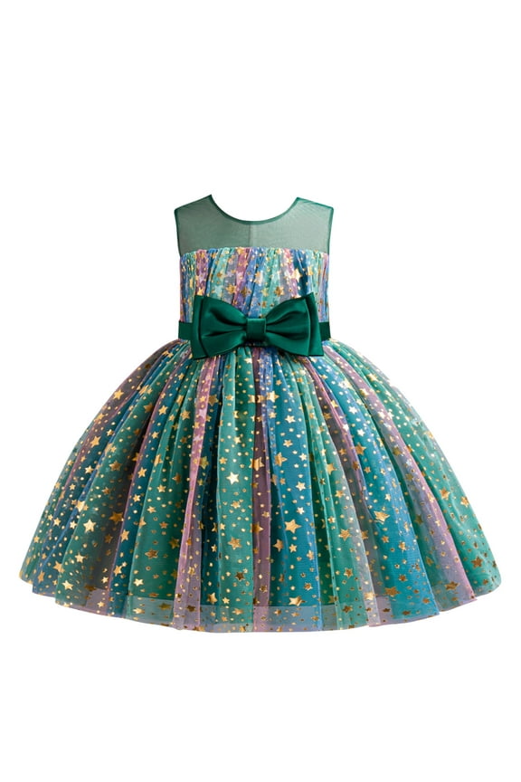 Outfits for Boys Girls, Toddler Kids Girls Princess Dress Sleeveless Gradient Color Stars Mesh Layered Wedding Party Gown with Bow (7 Years, Green)