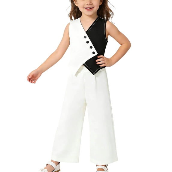 Outfits for Girls 2 Piece Color Block Sleeveless Waistcoat with Buttons and Wide Leg Pants Clothes for Girls Size 2-8