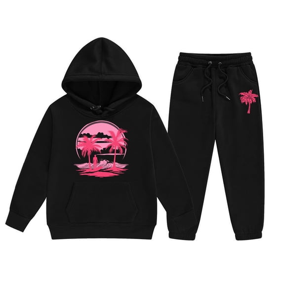 Outfits for Girls Coconut Tree Print Hooded Long Sleeve Hoodie And Cuffed Trousers 2 Piece Casual Wear Baby Girls' Clothing Sets 2 Yeats-3 Yeats