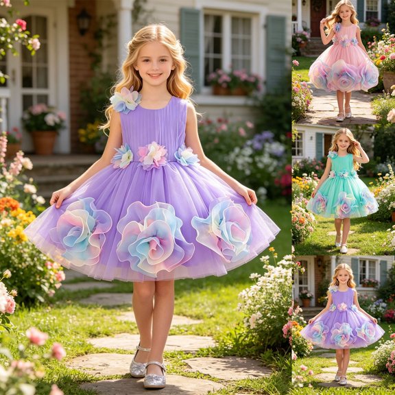 Outfits for Girls Elegant Floral Tulle Princess Crew Sleeveless Dress Kids Soft Light Party Dinner Formal Gown Set
