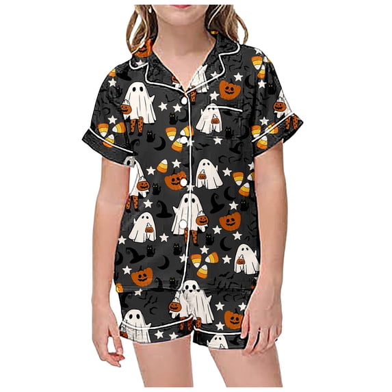 Outfits for Girls Halloween Graphic Print Lapel Short Sleeve Top And Shorts 2 Piece Loungewear Baby Girls' Clothing Sets 2 Years-3 Years