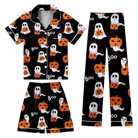 Outfits for Girls Halloween Graphic Print Lapel Short Sleeve Top Shorts And Trousers 3 Piece At Home Wear Baby Girls' Clothing Sets 3 Years-4 Years