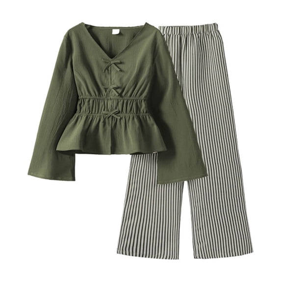 Outfits for Girls Long Sleeve V Neck Blouse with Striped Pants Casual Two Piece Set for Toddlers Kids Green 12 Years-13 Years