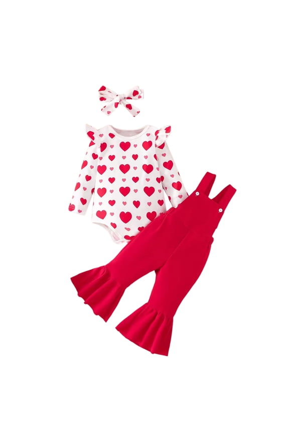 Outfits for Girls Valentine's Day Heart Print Long Sleeve Romper Bodysuit with Suspender Pants Set for Toddler Kids Red 6 Months-12 Months