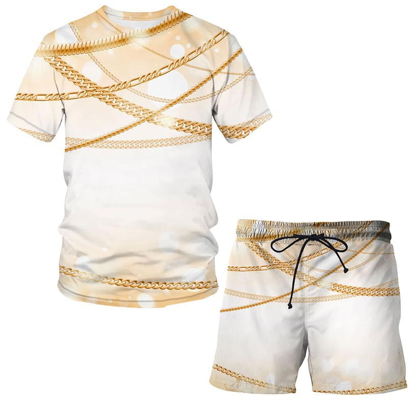 Outfits for Men 2 Piece Sets,Fashion Summer Gold Chain 3D Digital