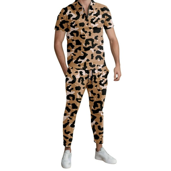 Outfits for Men Long Sleeved Two Piece Leopard Print Lapel Fashion Casual Half Zip Casual Sports Set