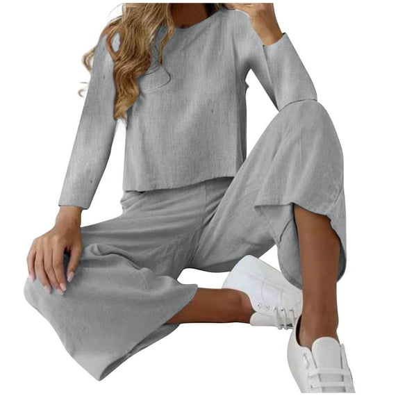 Outfits for Summer Womens Matching Sets Clothing Set Female Round Neck Sleeveless Tops Pants Sets Long Pant Style S_974 Women's Tracksuits Gray L