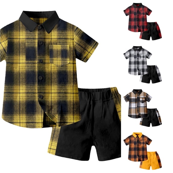 Outfits for Toddler Boys Short Sleeve Patchwork Plaid Prints T Shirt Tops Shorts Outfits Sets Size 3-4T ,Yellow