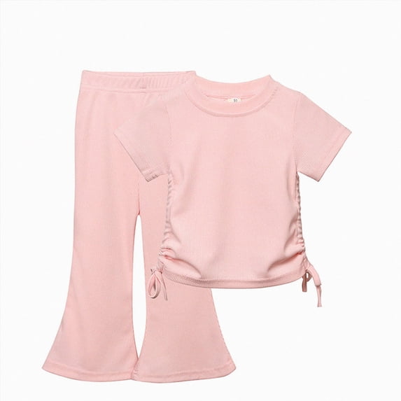 Outfits for Toddler Girls Fashion Short Sleeve Top Flare Pants 2 Piece Set Toddler Girl Clothes Pink 12-24 Months
