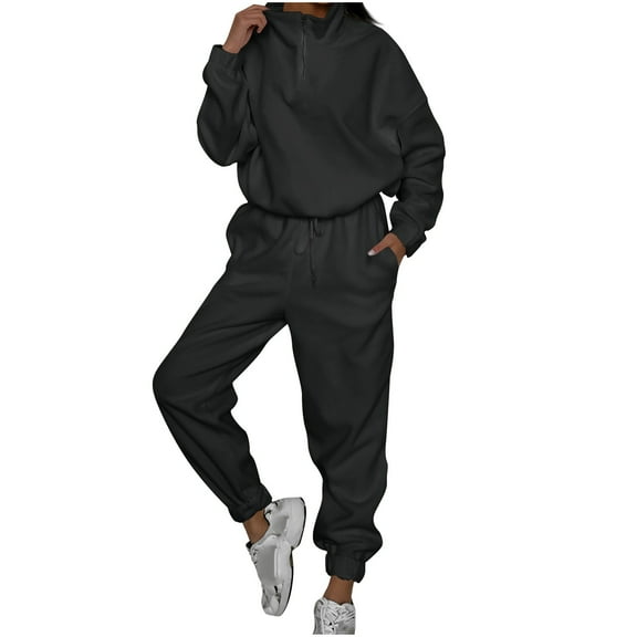 Outfits for Women 2 Piece Sets Fall Solid Color Tracksuits Half Zip Long Sleeve Top Pant Sweatsuit Jogger Sweatpants Suit (Black L)