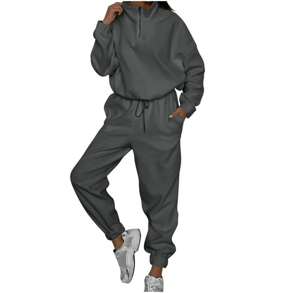 Outfits for Women 2 Piece Sets Fall Solid Color Tracksuits Half Zip Long Sleeve Top Pant Sweatsuit Jogger Sweatpants Suit (Dark Gray M)